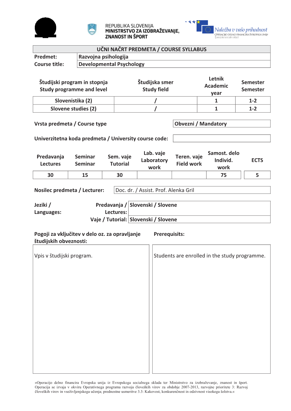 Developmental Psychology Študijski Program In