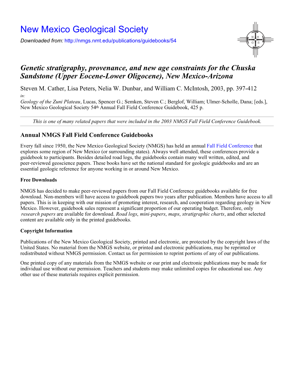 Genetic Stratigraphy, Provenance, and New Age Constraints for the Chuska Sandstone (Upper Eocene-Lower Oligocene), New Mexico-Arizona Steven M