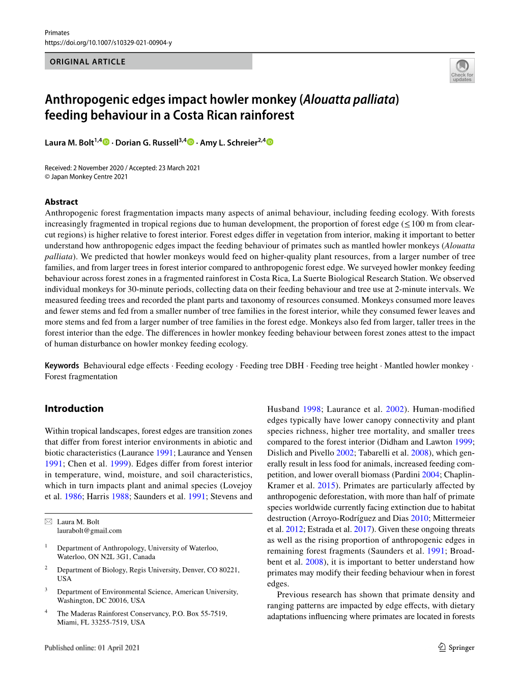 Anthropogenic Edges Impact Howler Monkey (Alouatta Palliata) Feeding Behaviour in a Costa Rican Rainforest