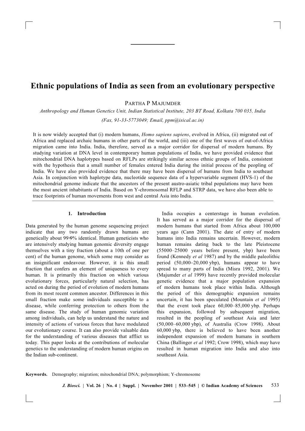 Ethnic Populations of India As Seen from an Evolutionary Perspective