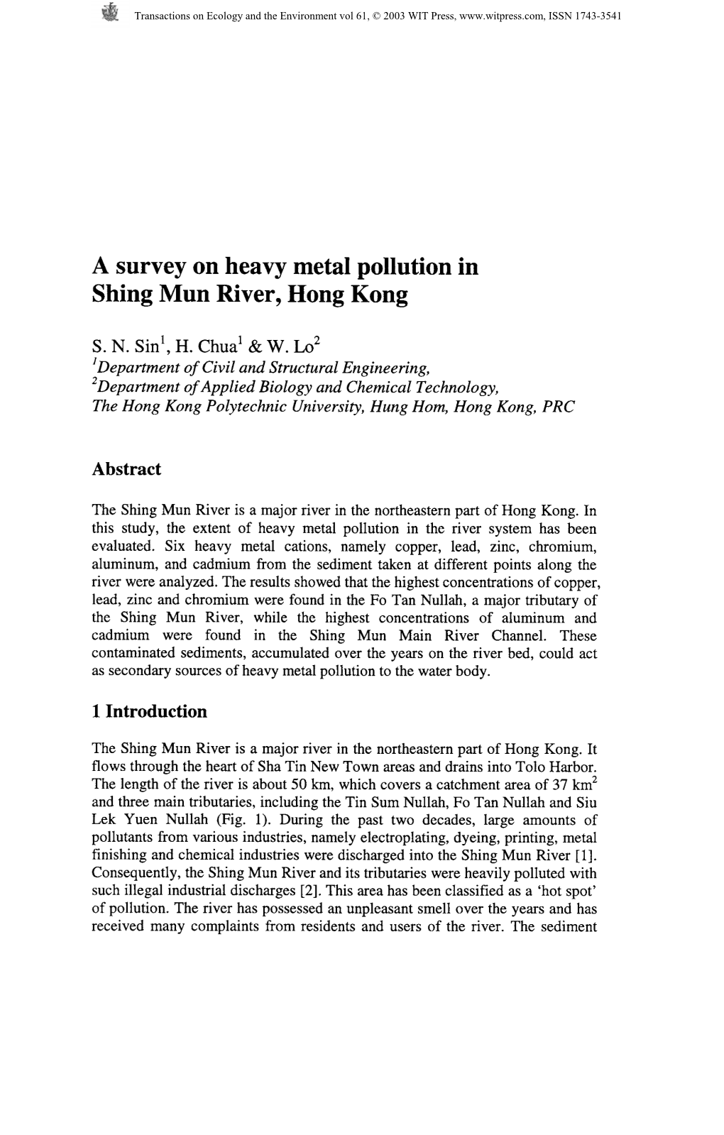 A Survey on Heavy Metal Pollution in Shing Mun River, Hong Kong