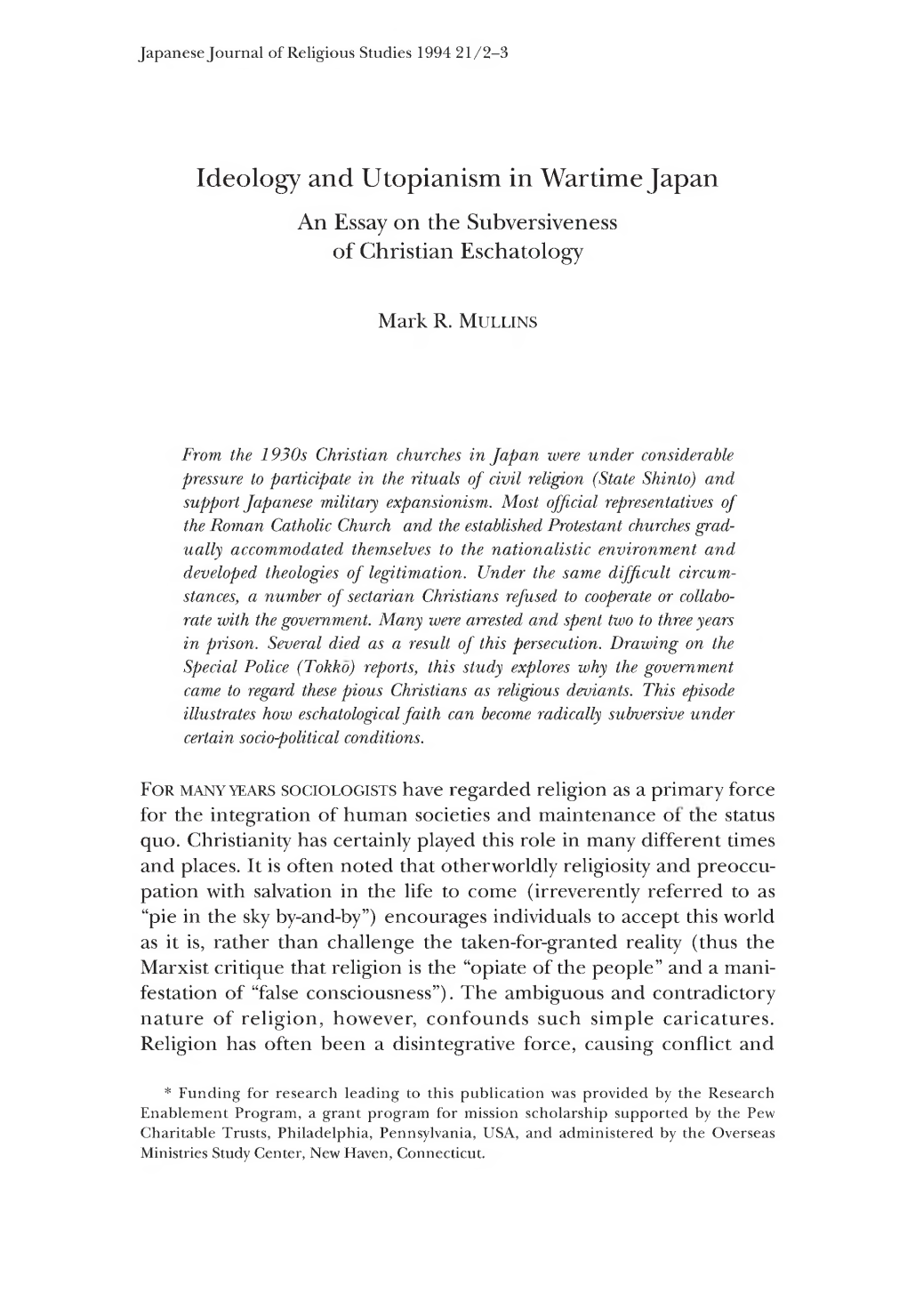 Ideology and Utopianism in Wartime Japan an Essay on the Subversiveness of Christian Eschatology