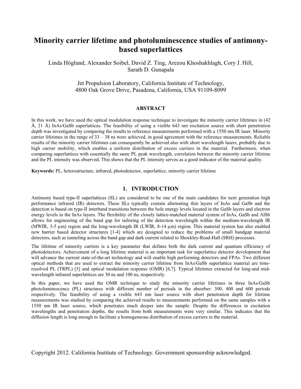 Minority Carrier Lifetime and Photoluminescence Studies of Antimony- Based Superlattices