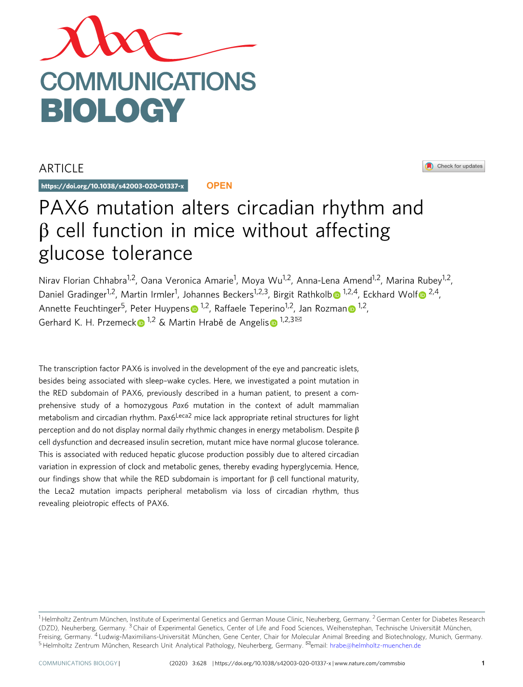 PAX6 Mutation Alters Circadian Rhythm and Î² Cell Function in Mice Without