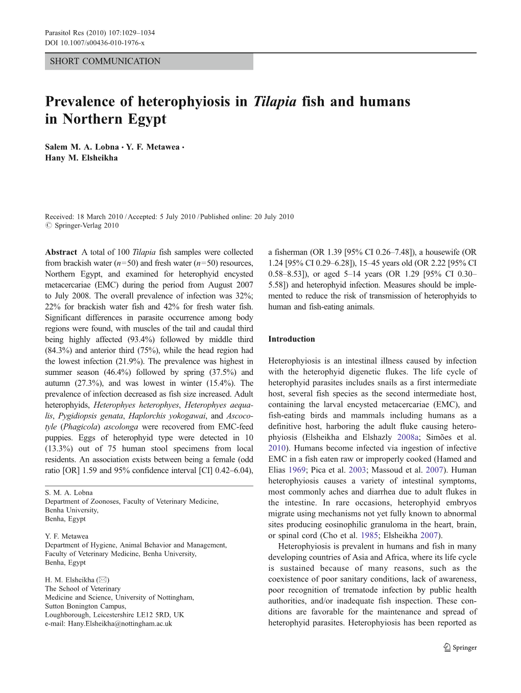 Prevalence of Heterophyiosis in Tilapia Fish and Humans in Northern Egypt