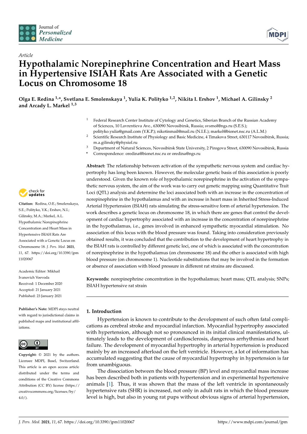 Hypothalamic Norepinephrine Concentration and Heart Mass in Hypertensive ISIAH Rats Are Associated with a Genetic Locus on Chromosome 18