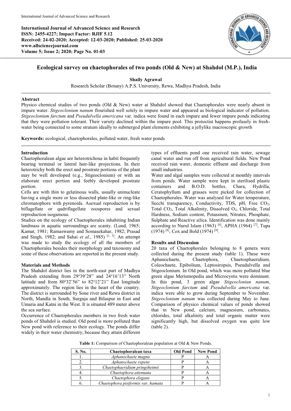 Ecological Survey on Chaetophorales of Two Ponds (Old & New) At