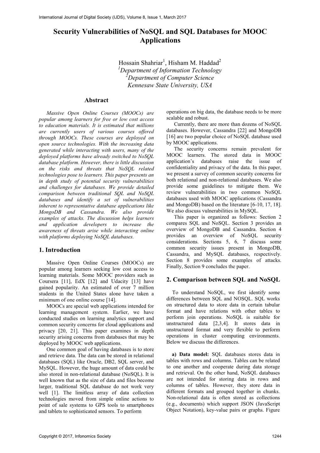 Security Vulnerabilities of Nosql and SQL Databases for MOOC Applications