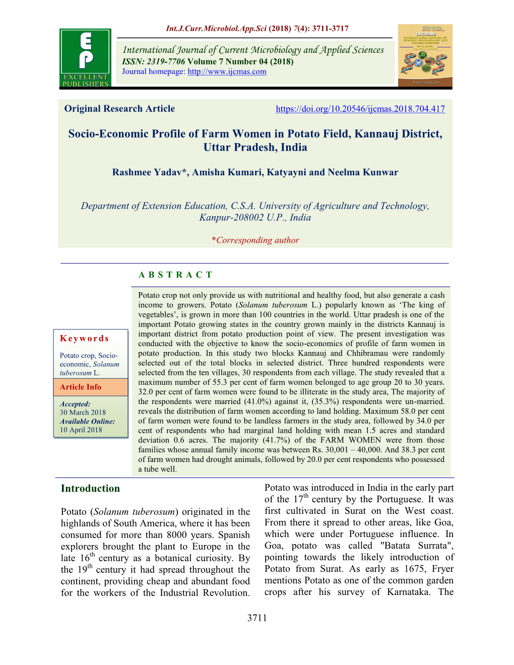 Socio-Economic Profile of Farm Women in Potato Field, Kannauj District, Uttar Pradesh, India