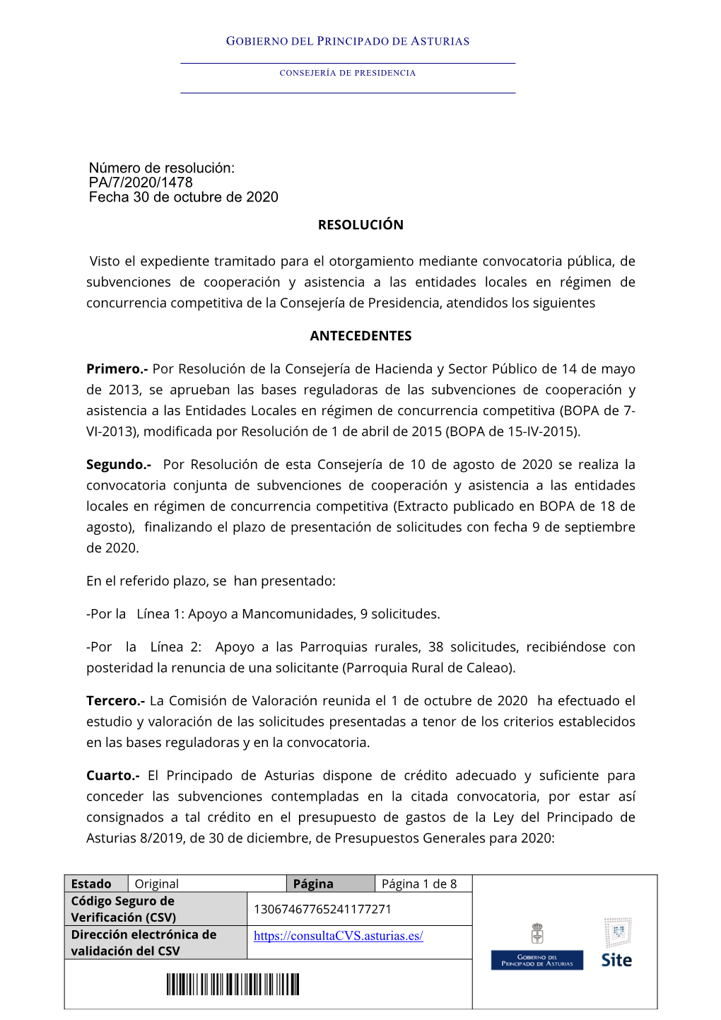 Número De Resolución: PA/7/2020/1478 Fecha 30