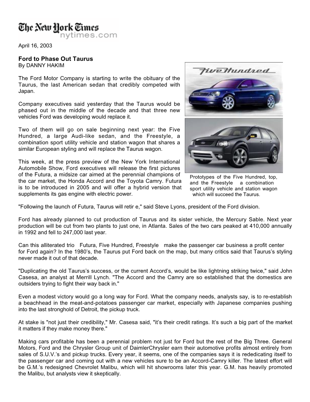 Ford to Phase out Taurus by DANNY HAKIM