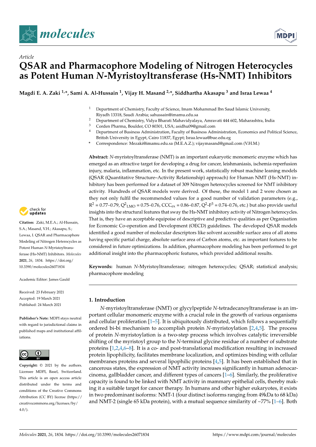 QSAR and Pharmacophore Modeling of Nitrogen Heterocycles As Potent Human N-Myristoyltransferase (Hs-NMT) Inhibitors