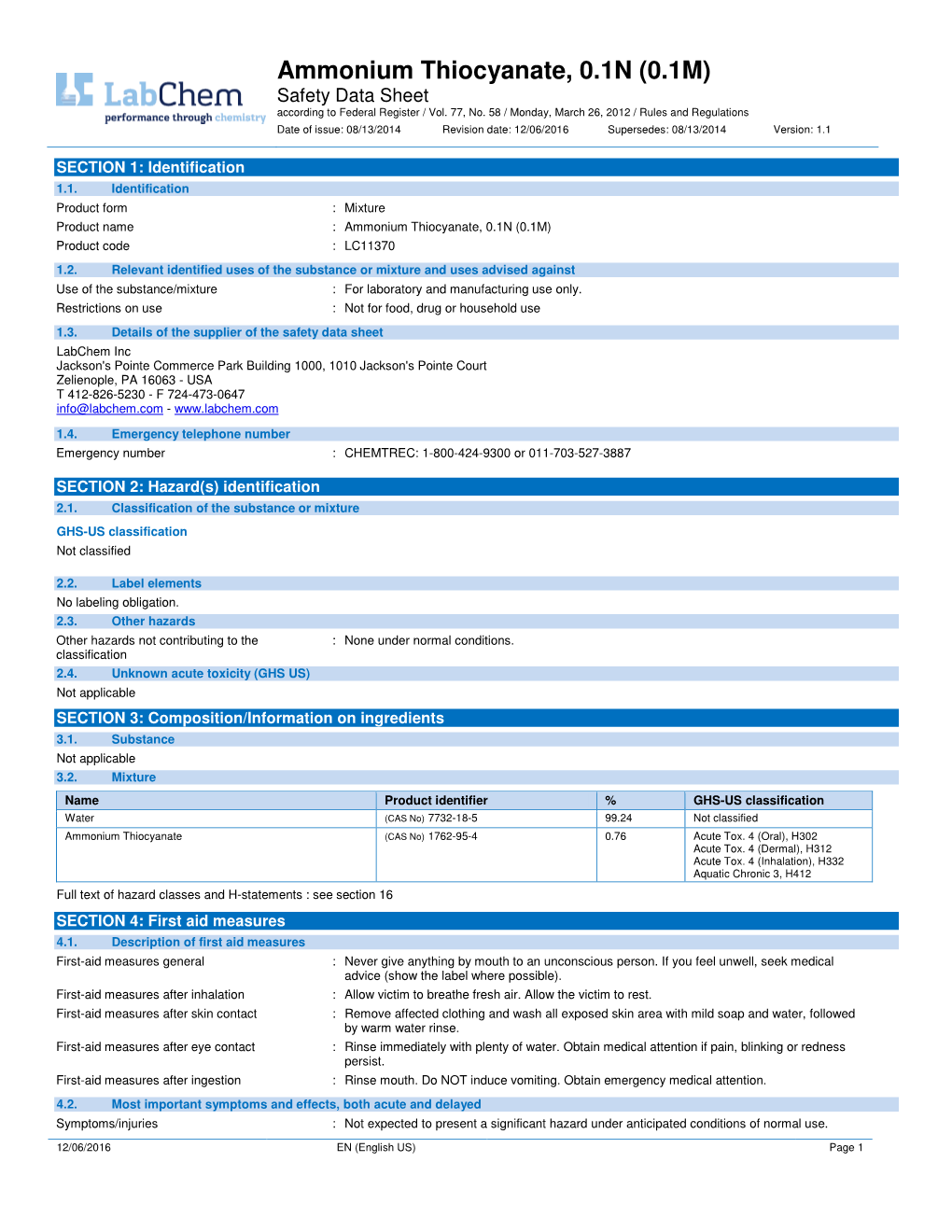 Ammonium Thiocyanate, 0.1N (0.1M) Safety Data Sheet According to Federal Register / Vol