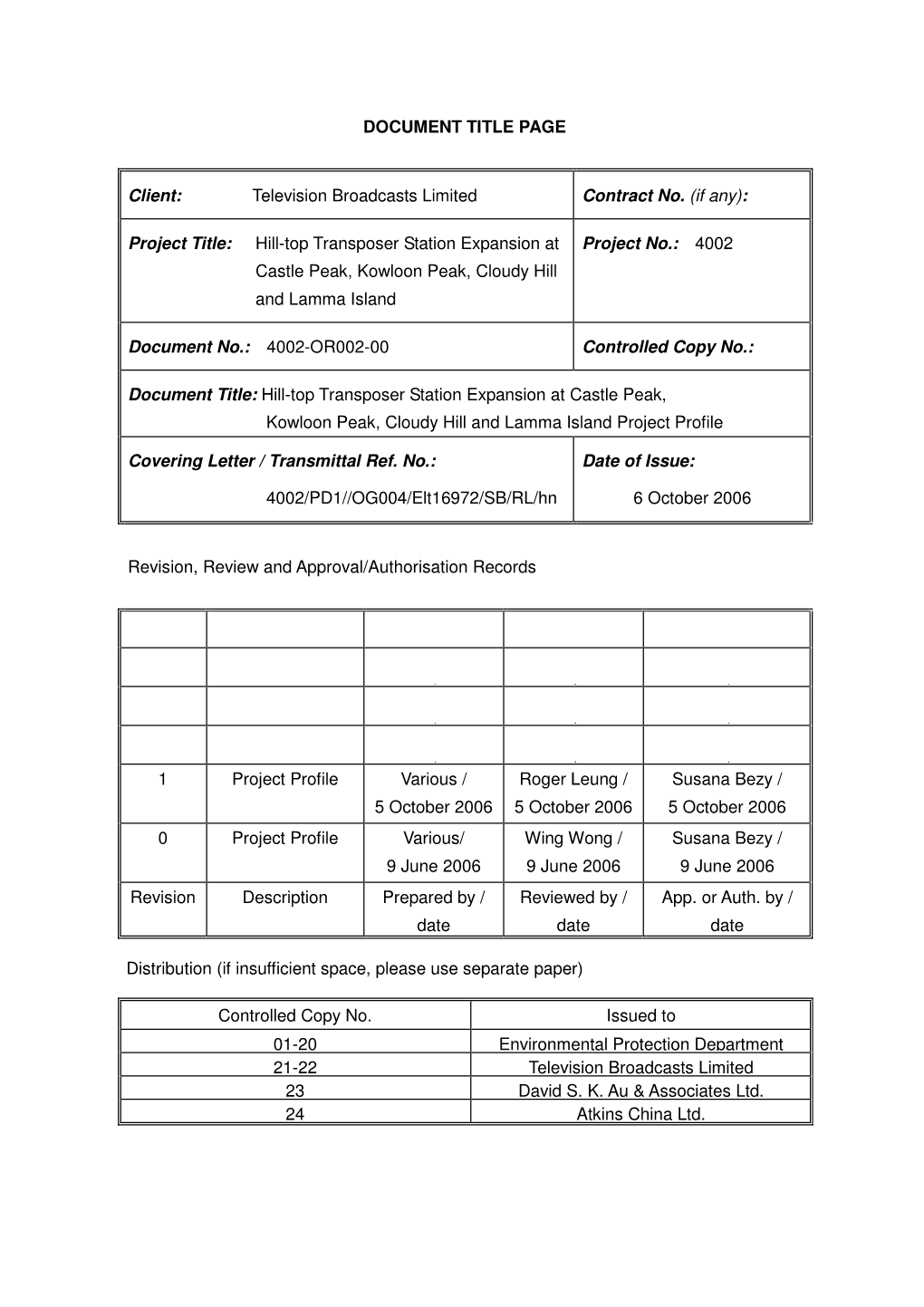 Project Title: Hill-Top Transposer Station Expansion at Project No.: 4002 Castle Peak, Kowloon Peak, Cloudy Hill and Lamma Island