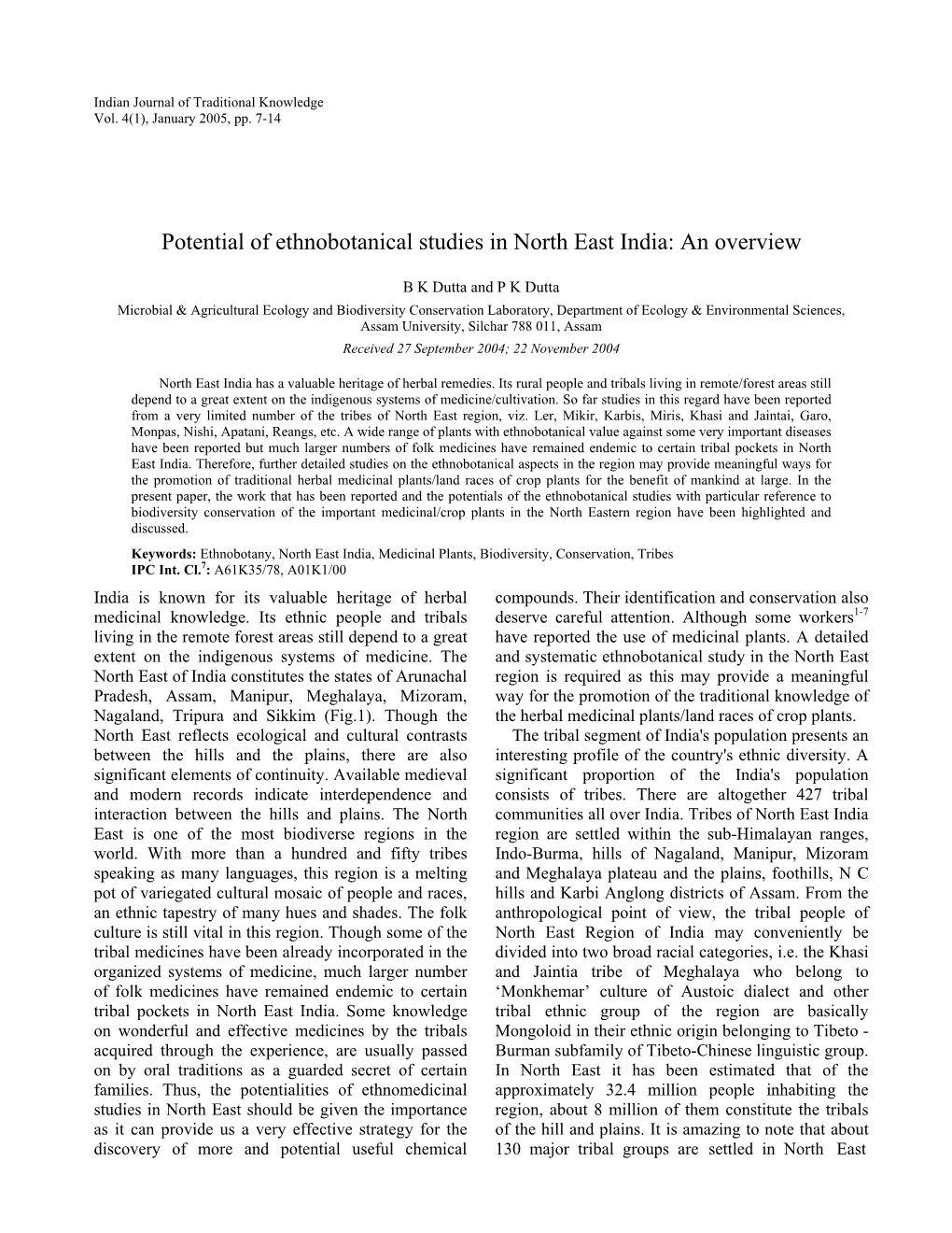 Potential of Ethnobotanical Studies in North East India: an Overview