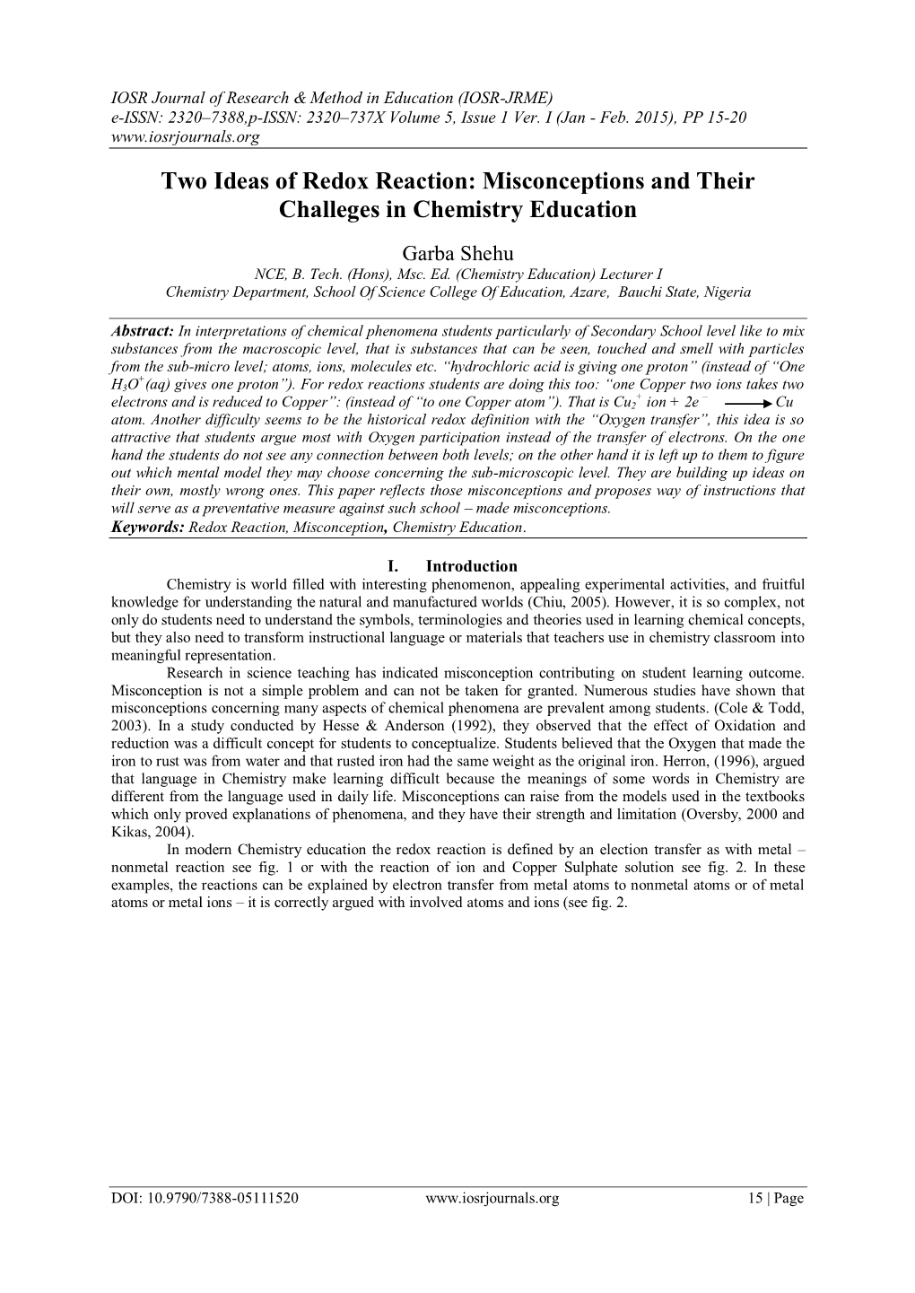 Two Ideas of Redox Reaction: Misconceptions and Their Challeges in Chemistry Education