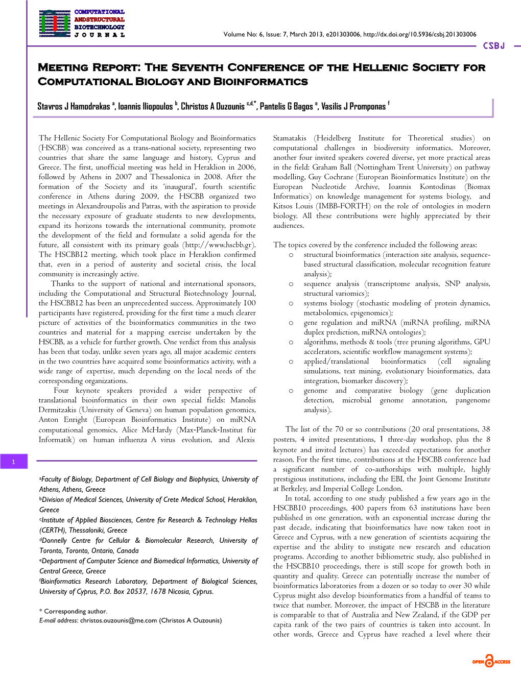 The Seventh Conference of the Hellenic Society for Computational Biology and Bioinformatics