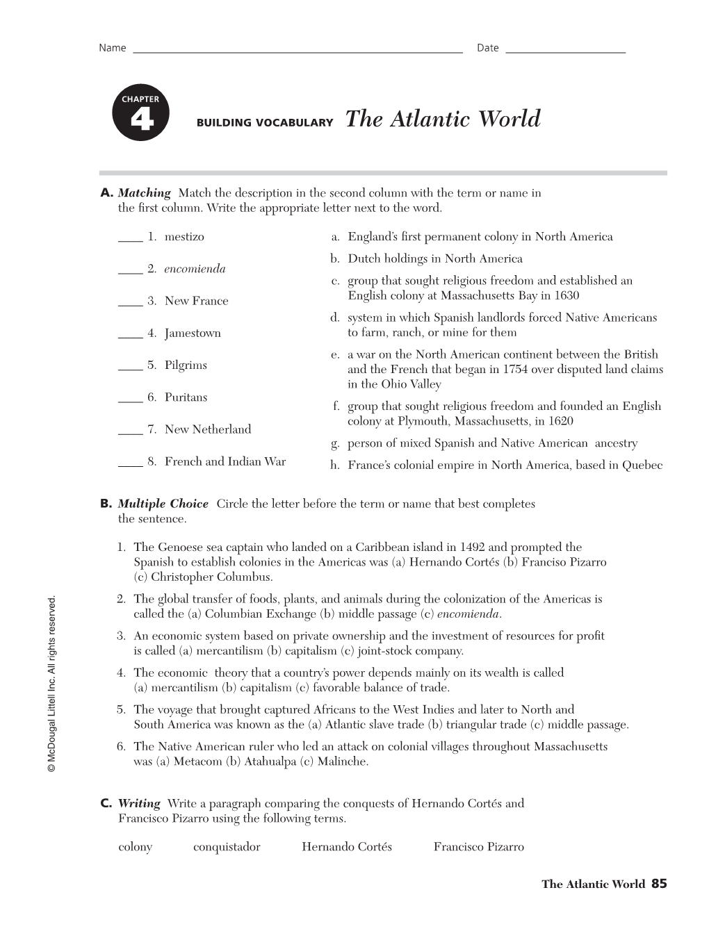 Name Date BUILDING VOCABULARY the Atlantic World