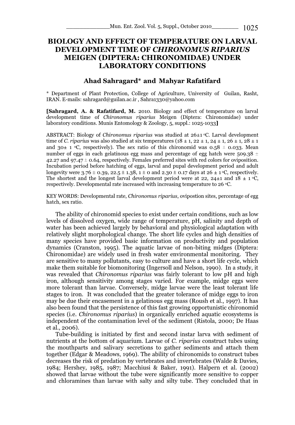 Biology and Effect of Temperature on Larval Development Time of Chironomus Riparius Meigen (Diptera: Chironomidae) Under Laboratory Conditions