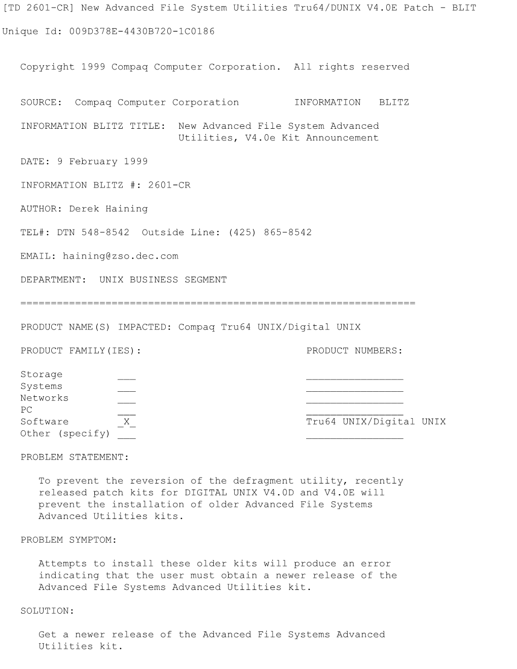 [TD 2601-CR] New Advanced File System Utilities Tru64/DUNIX V4.0E Patch - BLIT