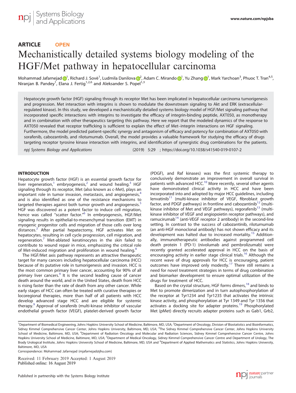 Mechanistically Detailed Systems Biology Modeling of the HGF/Met Pathway in Hepatocellular Carcinoma