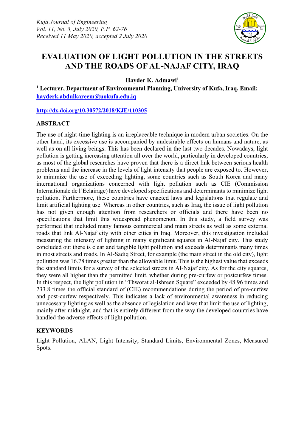 Evaluation of Light Pollution in the Streets and the Roads of Al-Najaf City, Iraq