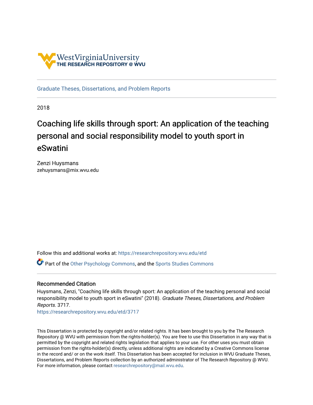 Coaching Life Skills Through Sport: an Application of the Teaching Personal and Social Responsibility Model to Youth Sport in Eswatini