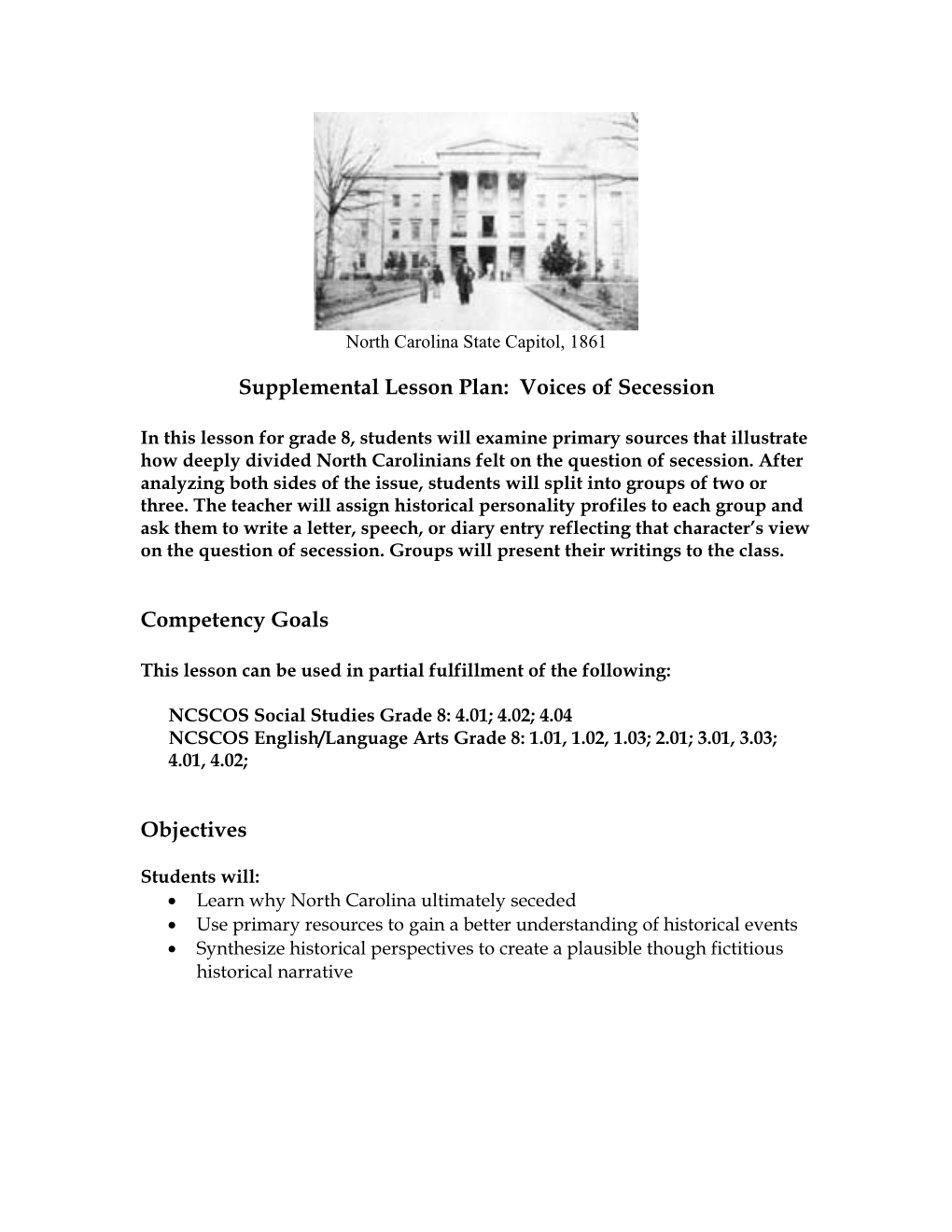 Supplemental Lesson Plan: Voices of Secession Competency Goals