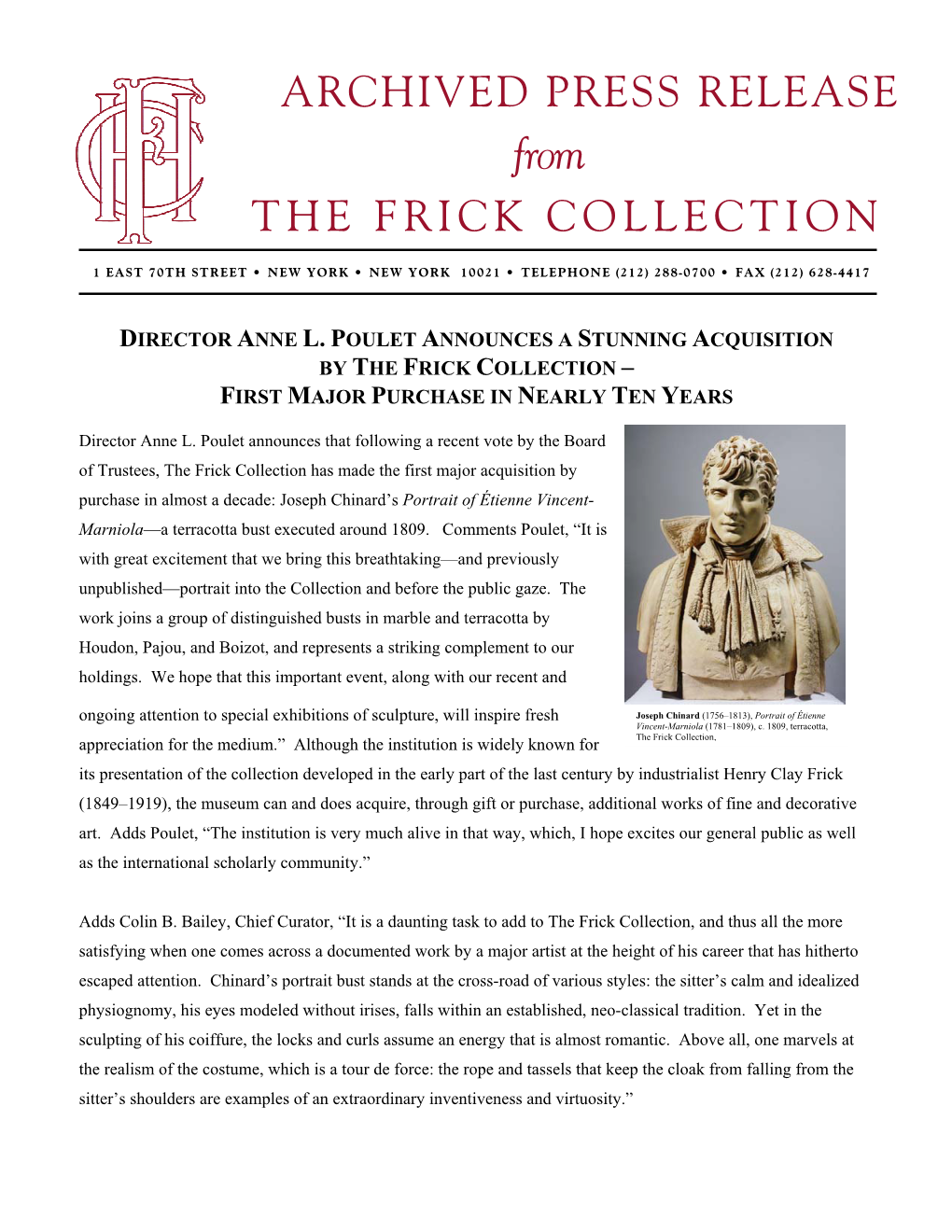 ARCHIVED PRESS RELEASE from the FRICK COLLECTION