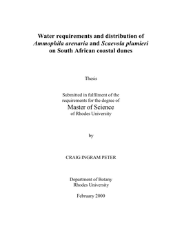 Water Requirements and Distribution of Ammophila Arenaria and Scaevola Plumieri on South African Coastal Dunes