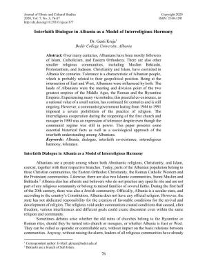 Interfaith Dialogue in Albania As a Model of Interreligious Harmony