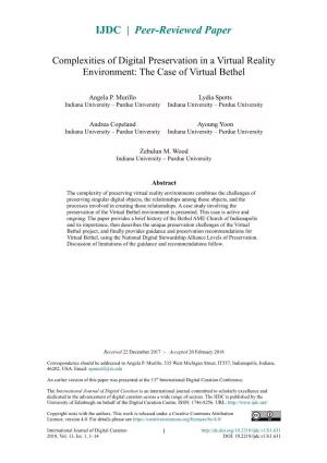 Complexities of Digital Preservation in a Virtual Reality Environment: the Case of Virtual Bethel