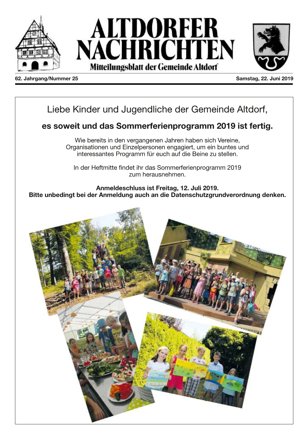 Liebe Kinder Und Jugendliche Der Gemeinde Altdorf, Es Soweit Und Das Sommerferienprogramm 2019 Ist Fertig