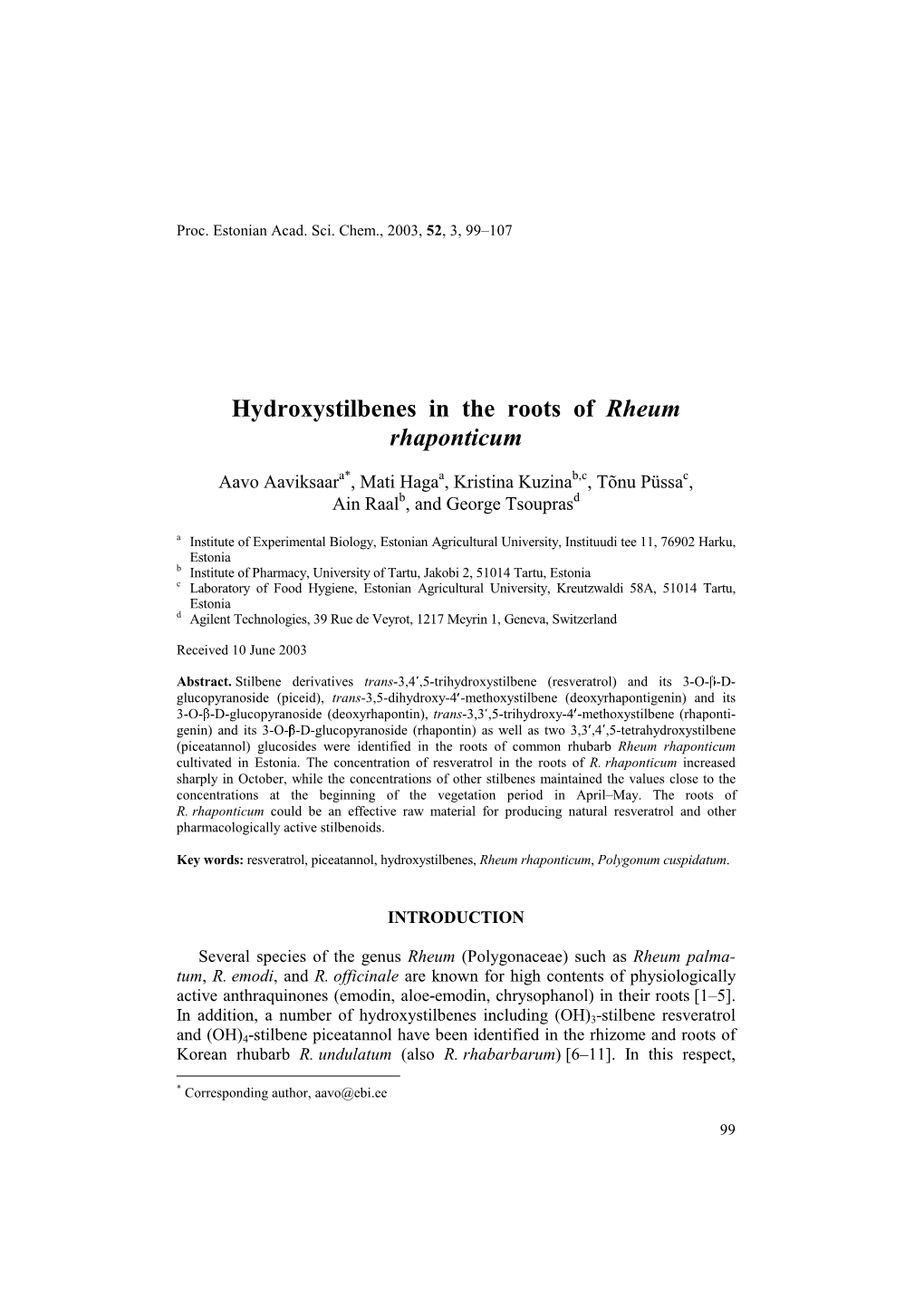 Hydroxystilbenes in the Roots of Rheum Rhaponticum