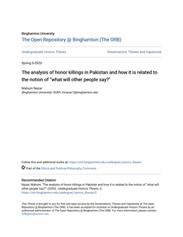 The Analysis of Honor Killings in Pakistan and How It Is Related to the Notion of “What Will Other People Say?"