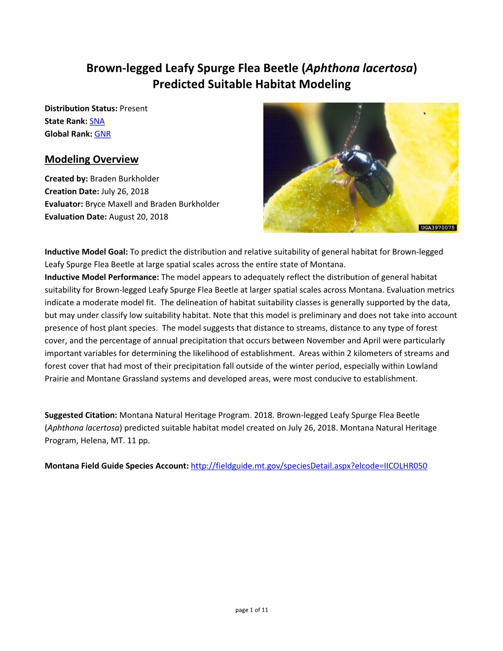 Brown-Legged Leafy Spurge Flea Beetle (Aphthona Lacertosa) Predicted Suitable Habitat Modeling