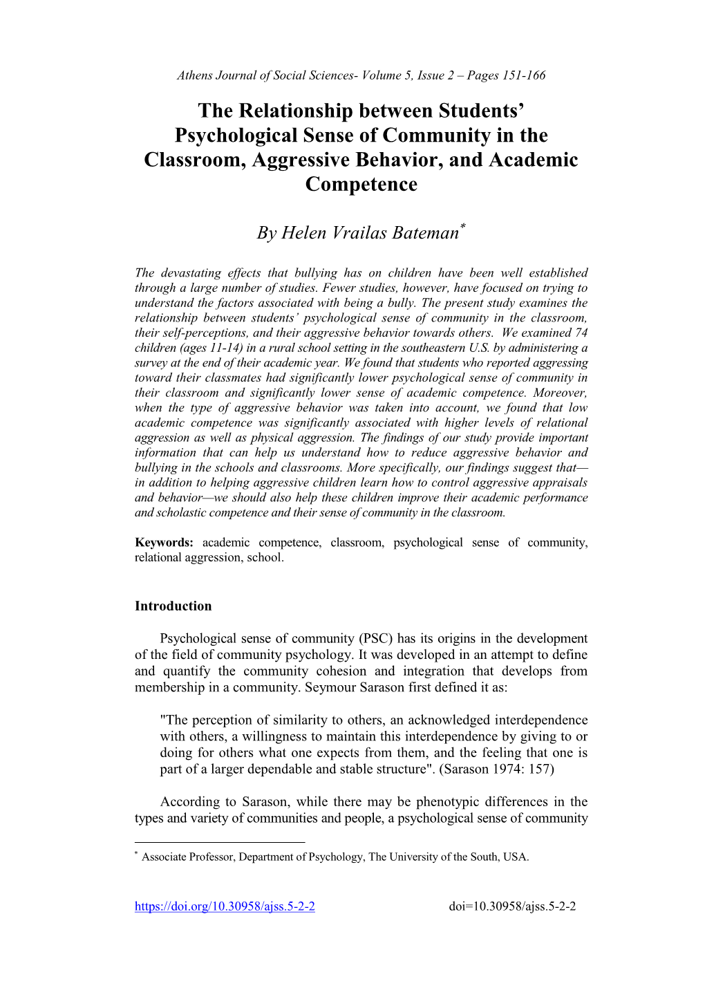 The Relationship Between Students' Psychological Sense of Community in the Classroom, Aggressive Behavior, and Academic Compet