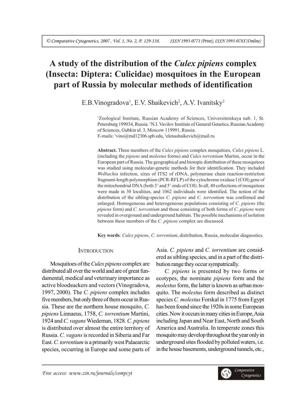 A Study of the Distribution of the Culex Pipiens Complex