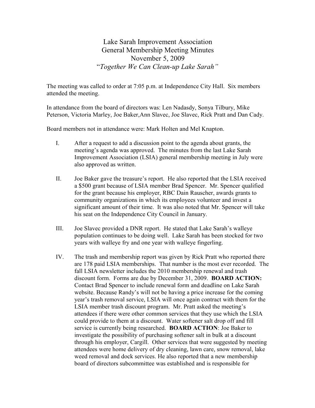 LSIA Board 8/5/2009 Meeting Notes and Minutes