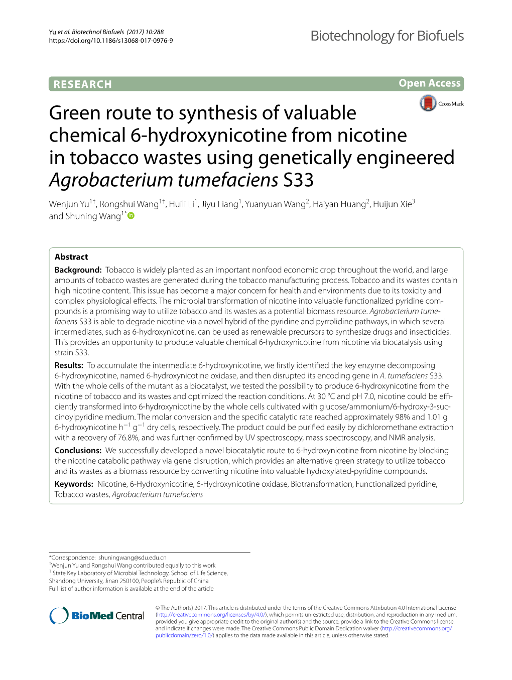 Green Route to Synthesis of Valuable Chemical 6-Hydroxynicotine from Nicotine in Tobacco Wastes Using Genetically Engineered