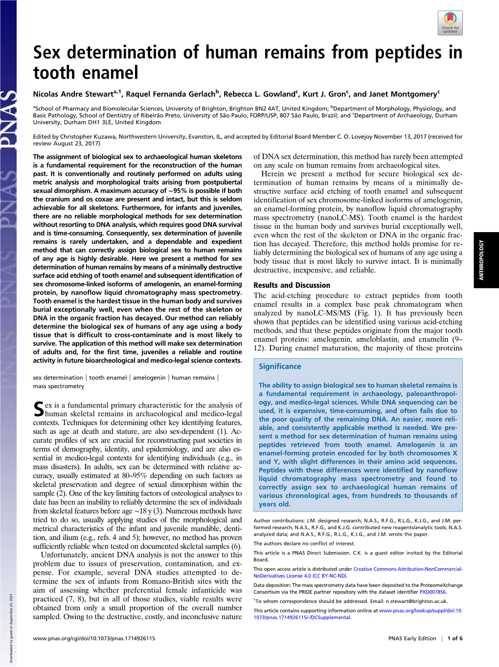 Sex Determination of Human Remains from Peptides in Tooth Enamel