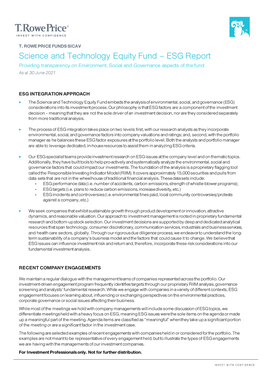 Science and Technology Equity Fund – ESG Report Providing Transparency on Environment, Social and Governance Aspects of the Fund As at 30 June 2021