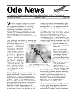 An Occasional Newsletter About Dragonflies and Damselflies in Southern New England Volume IX, Number 1 ISSN 1084-9750 May 2002