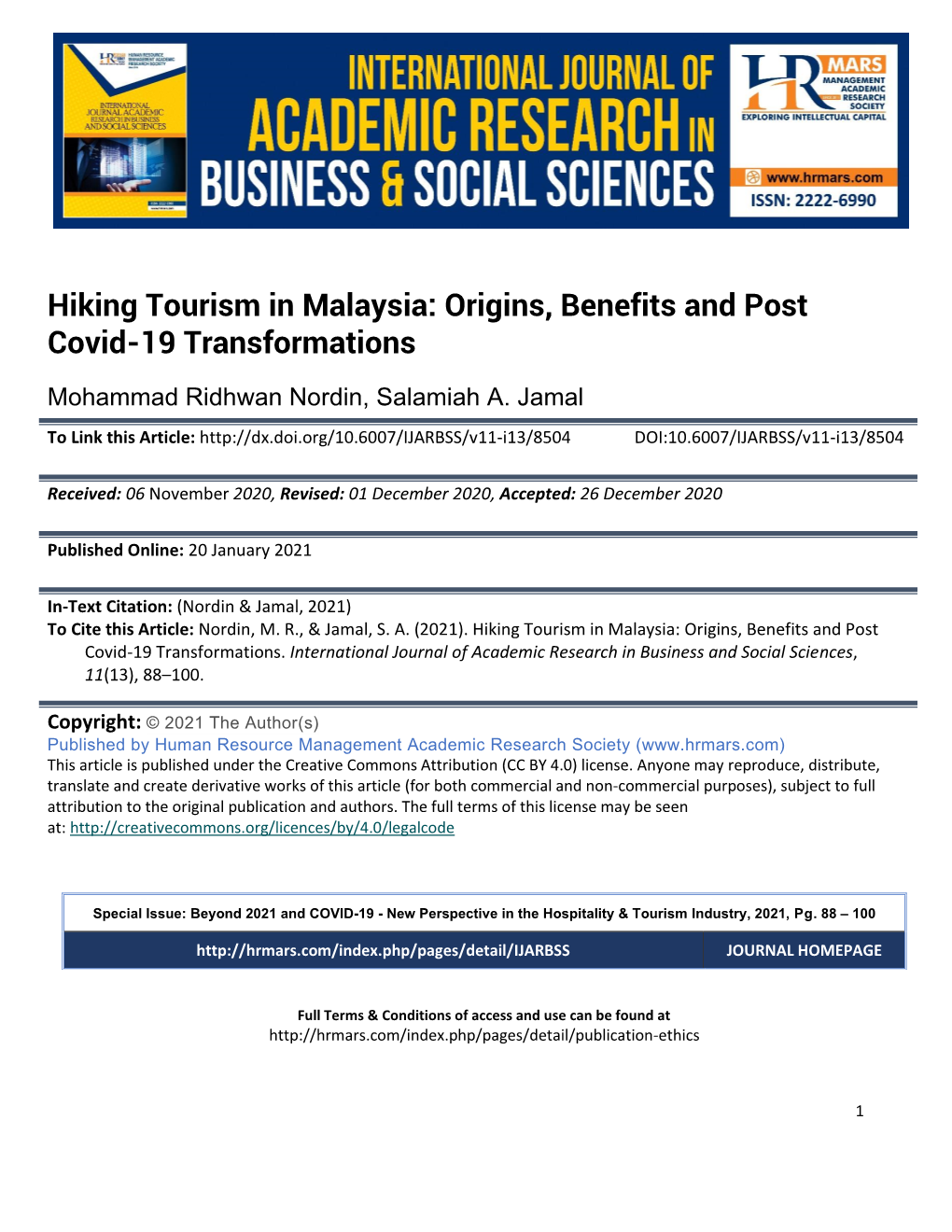 Hiking Tourism in Malaysia: Origins, Benefits and Post Covid-19 Transformations