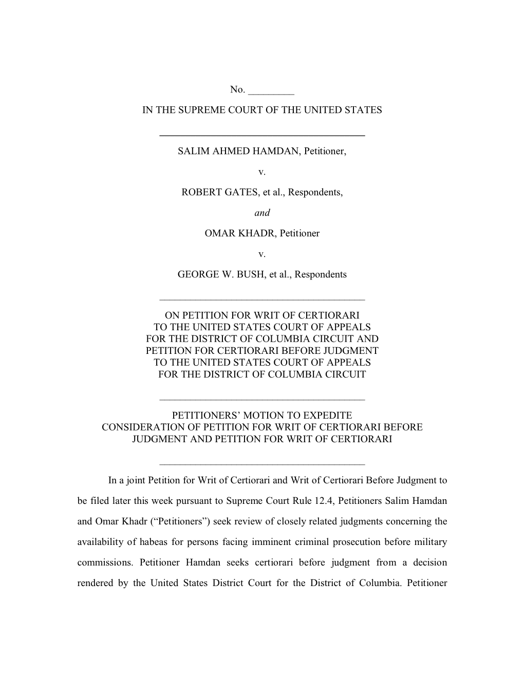 No. ___IN the SUPREME COURT of the UNITED STATES SALIM AHMED HAMDAN, Petitioner