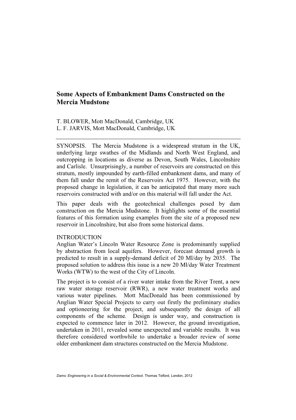 2.2. Some Aspects of Embankment Dams Constructed on the Mercia Mudstone