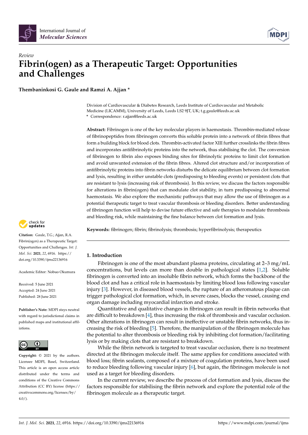 Fibrin(Ogen) As a Therapeutic Target: Opportunities and Challenges