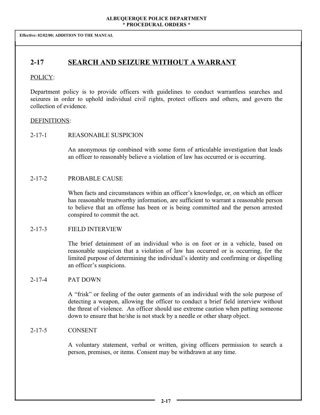 2-17 Search and Seizure Without a Warrant