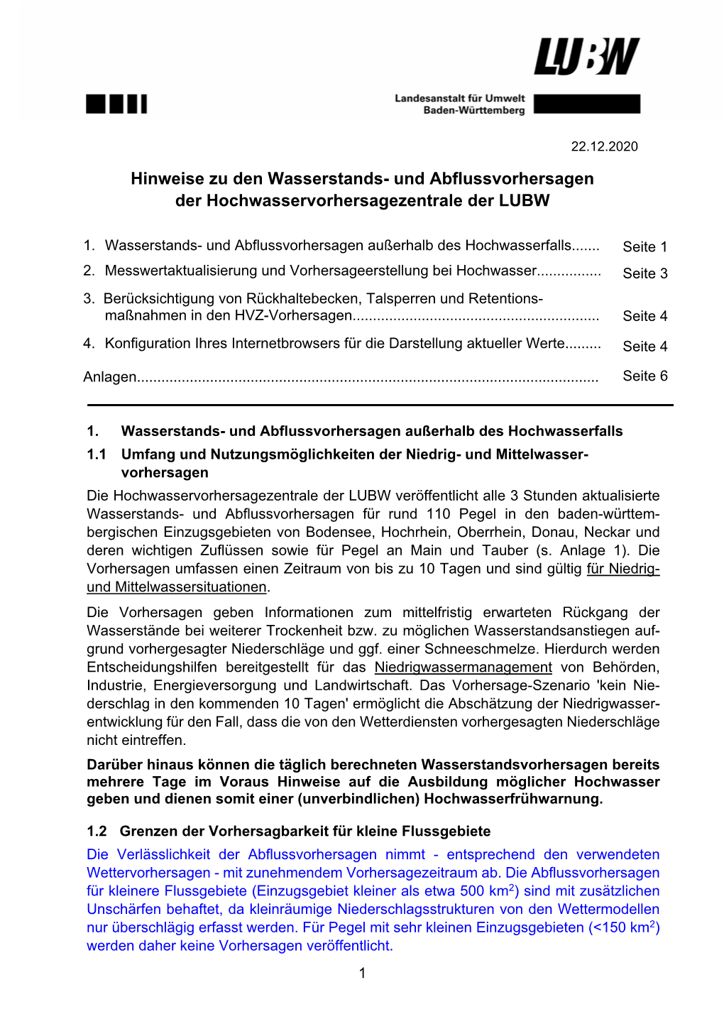 Hinweise Zu Den Wasserstands- Und Abflussvorhersagen Der Hochwasservorhersagezentrale Der LUBW