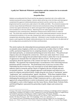 A Godly Law? Bulstrode Whitelocke, Puritanism, and the Common Law in Seventeenth Century England Jacqueline Rose This Article Ex